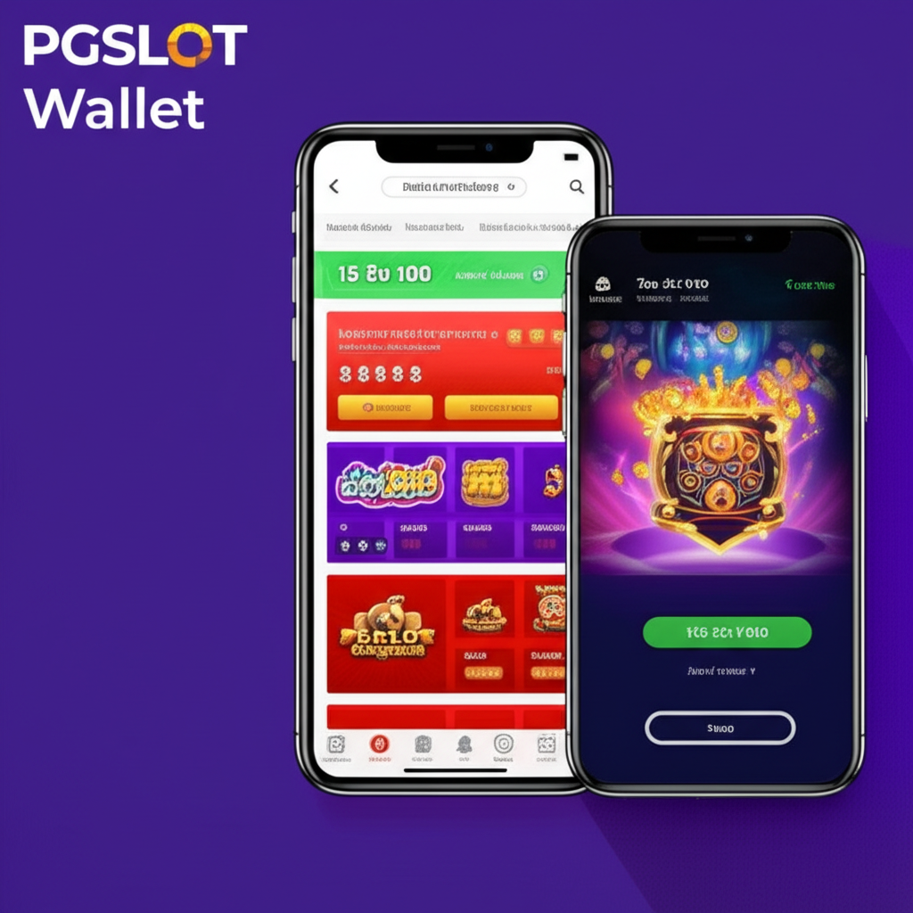 ภาพหน้าจอแอปพลิเคชัน PGSLOT Wallet บนมือถือ iOS และ Android พร้อมโปรโมชั่นและฟีเจอร์ความปลอดภัย
