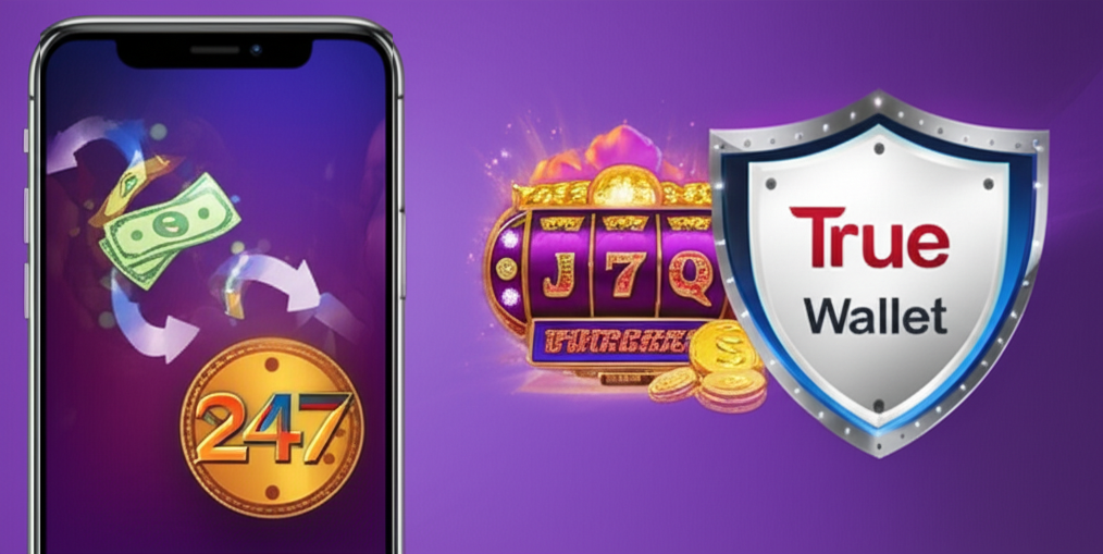 ภาพประกอบการฝาก-ถอนเงินผ่าน PGSLOT Wallet อย่างปลอดภัยและรวดเร็ว พร้อมสัญลักษณ์ความปลอดภัยและบริการ 24 ชั่วโมง