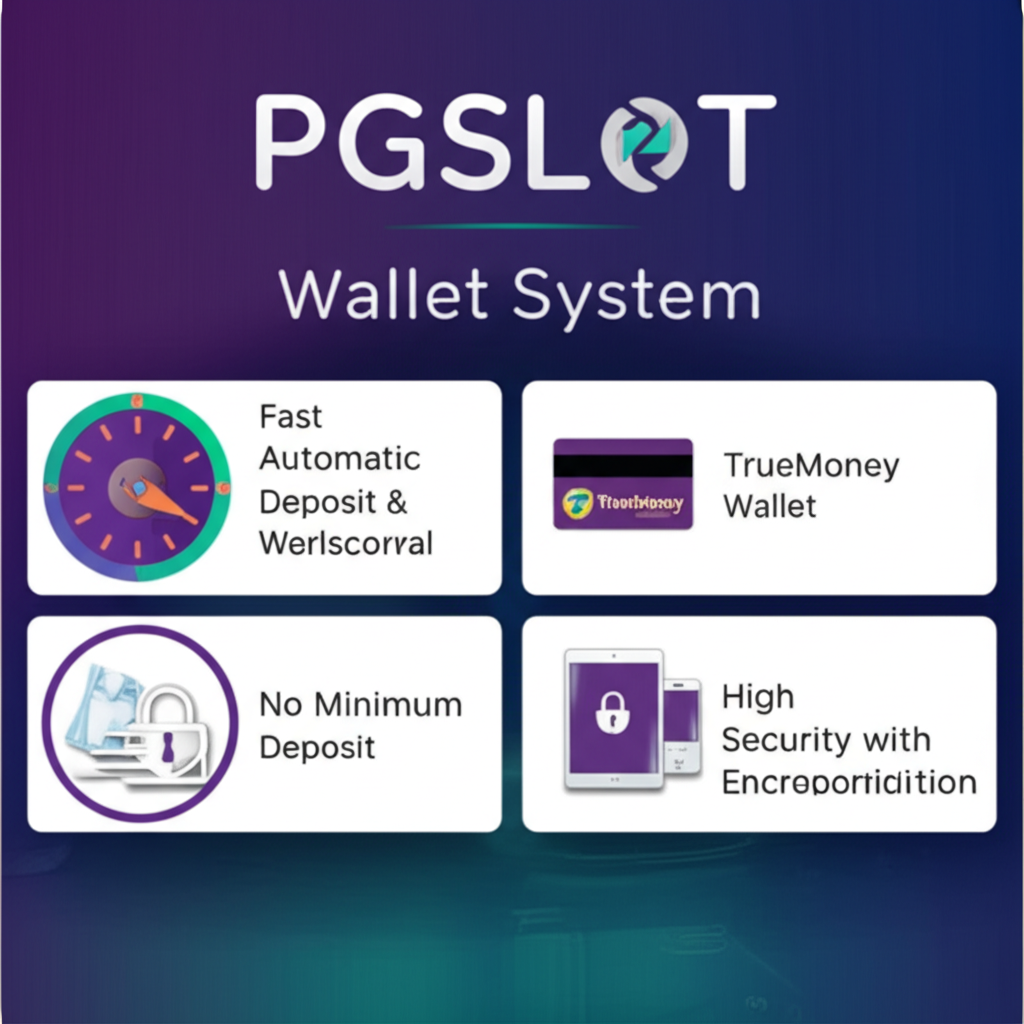 อินโฟกราฟิกแสดงฟีเจอร์ระบบ Wallet ของ PGSLOT เช่น ฝากถอนอัตโนมัติ 30 วินาที รองรับ TrueMoney Wallet และความปลอดภัยสูง