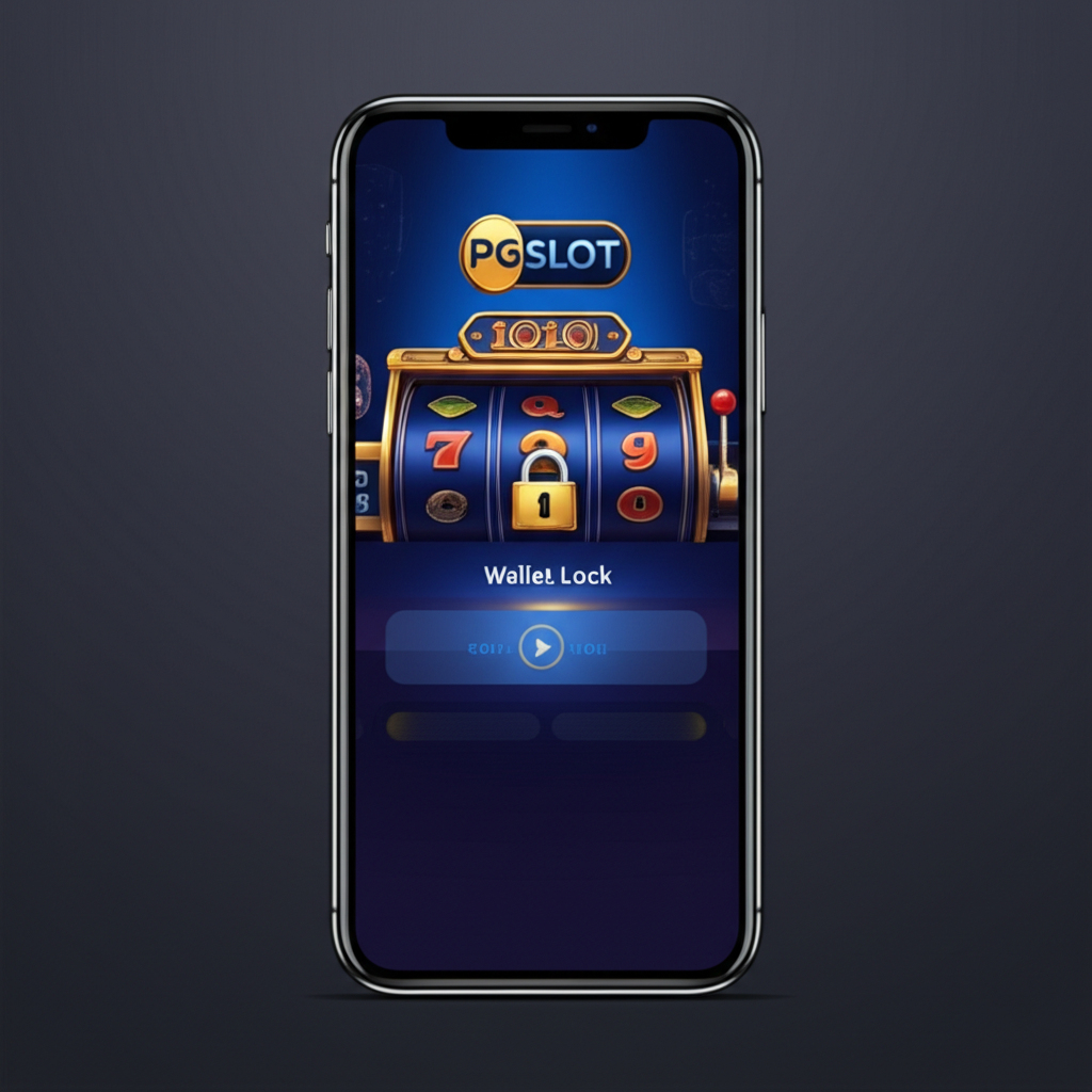 ภาพหน้าจอสมาร์ทโฟนแสดงฟีเจอร์ Wallet Lock ใน PGSLOT พร้อมไอคอนล็อกความปลอดภัยและกราฟิกเกมสล็อตพื้นหลัง