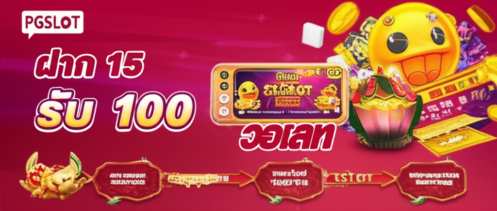 อินโฟกราฟิกแสดงโปรโมชั่นฝาก 15 รับ 100 วอเลท พร้อมวิธีตรวจสอบผ่านประวัติการทำรายการ Wallet