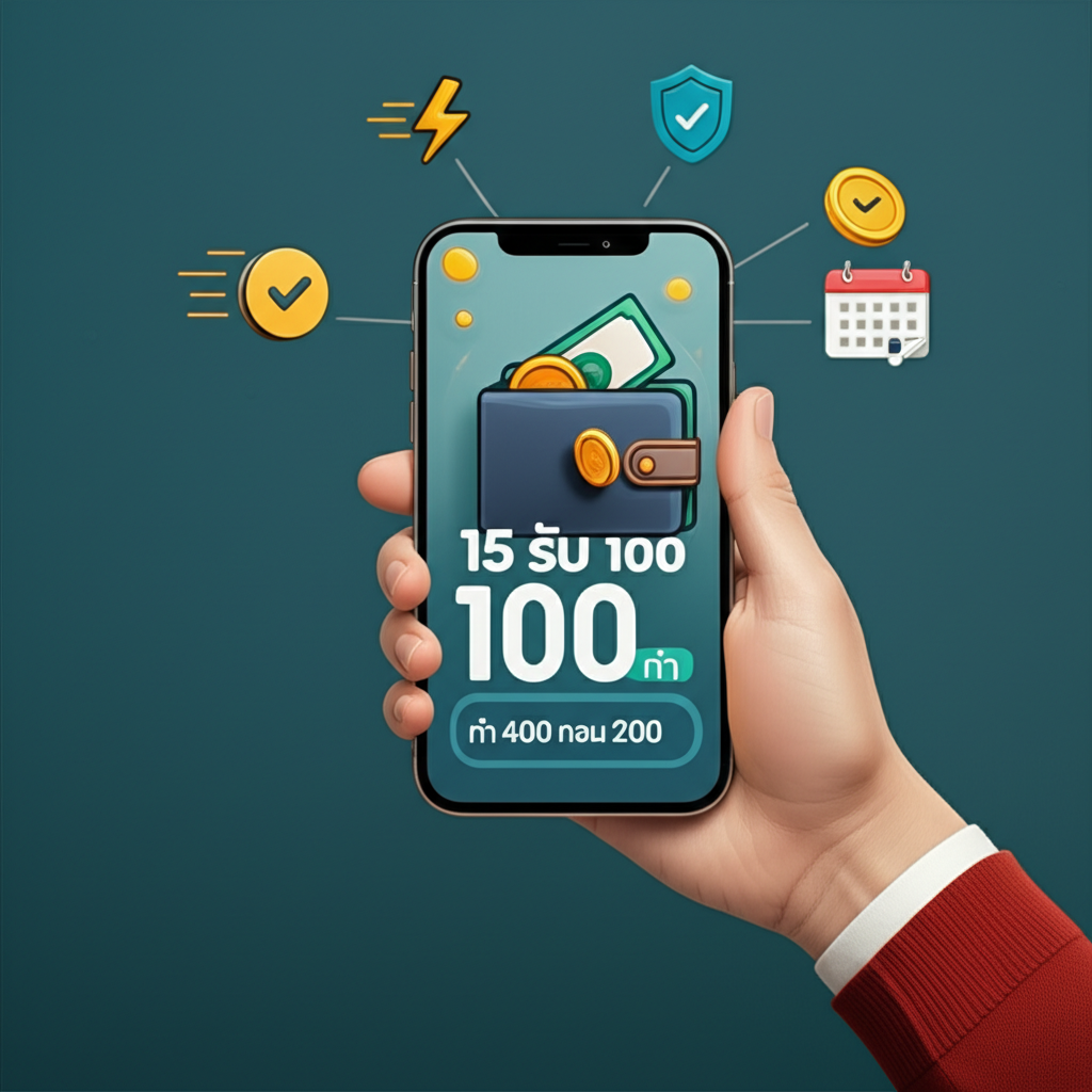 ภาพผู้เล่นจัดการเงินทุนผ่านระบบ Wallet พร้อมโปรโมชั่น 15 รับ 100 ทํา 400 ถอน 200 และระบบฝาก-ถอนรวดเร็วปลอดภัย