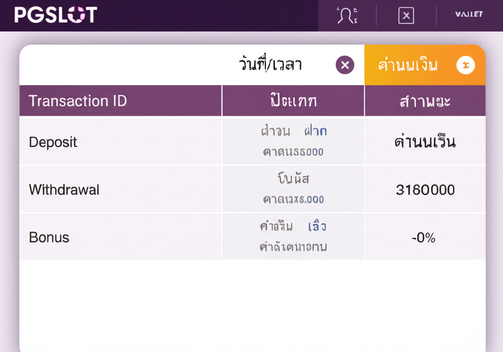 ตัวอย่างหน้าประวัติการทำรายการใน PGSLOT Wallet พร้อมคำอธิบายส่วนประกอบหลักและวิธีอ่านข้อมูล