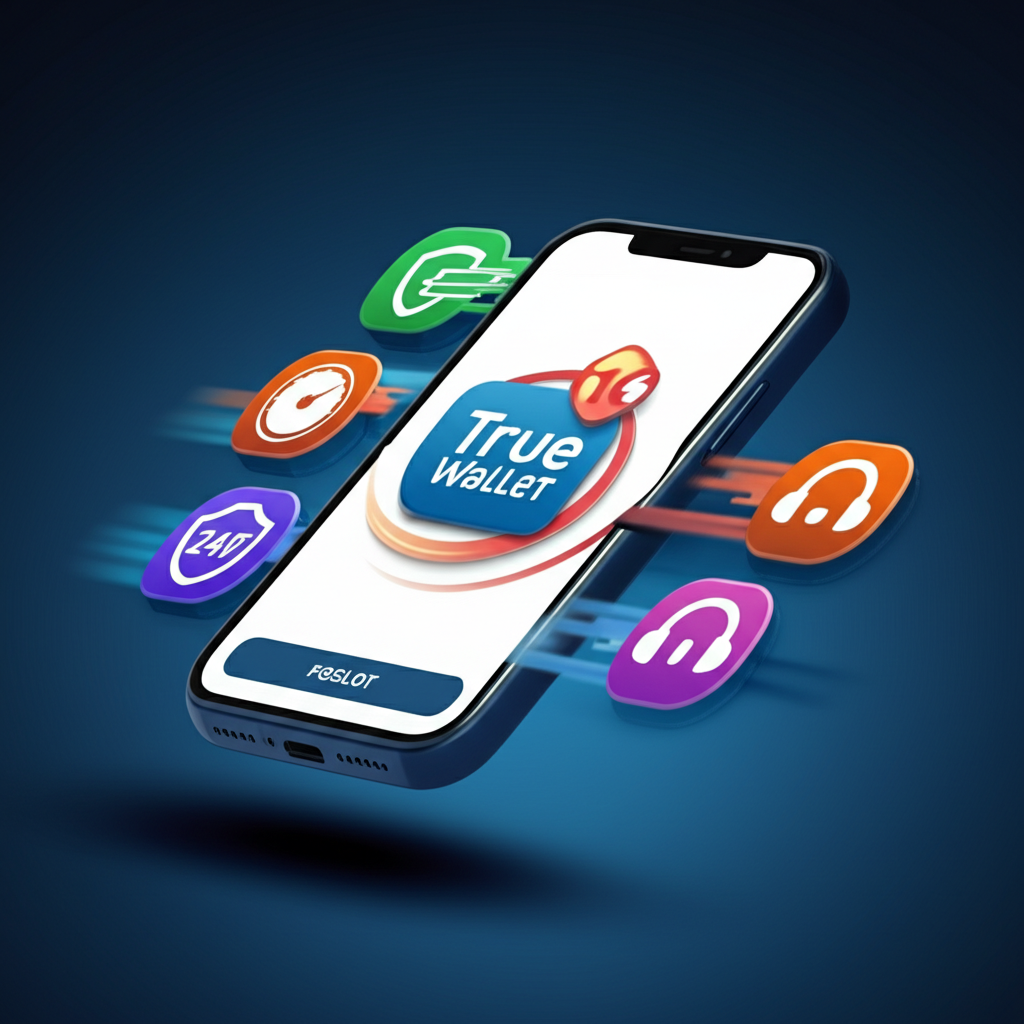 ภาพแสดงการฝาก-ถอนเงินผ่าน True Wallet ในระบบ PGSLOT Wallet พร้อมไอคอนความปลอดภัยและบริการลูกค้า 24 ชั่วโมง