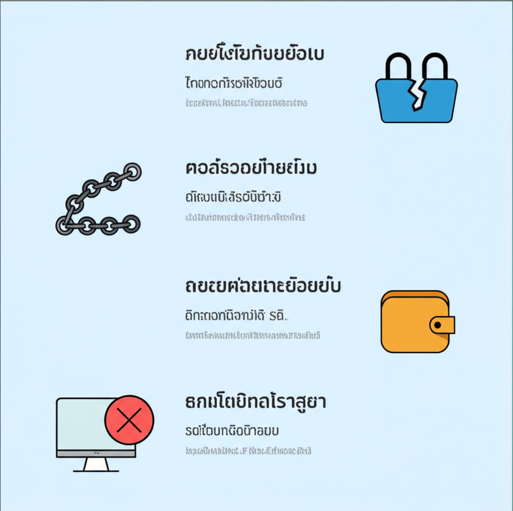 อินโฟกราฟิกแสดงรหัสข้อผิดพลาดยอดนิยมในเกมสล็อต พร้อมคำแปลภาษาไทยและไอคอนแสดงประเภทข้อผิดพลาด เช่น ปัญหาเครือข่าย ระบบ Wallet และ SSL