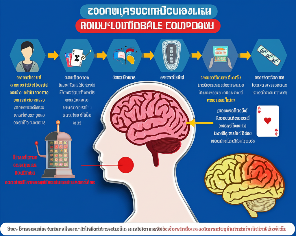 แผนภาพกลไกทางจิตวิทยาที่ทำให้เกิดการติดสล็อต เช่น ความเชื่อผิดๆ และผลกระทบของโดปามีน