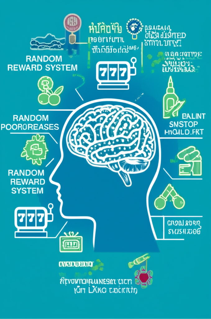 อินโฟกราฟิกแสดงกลไกจิตวิทยาการเล่นสล็อต เช่น การปล่อยโดปามีน ระบบรางวัลสุ่ม และความเชื่อโชคลางในไทย