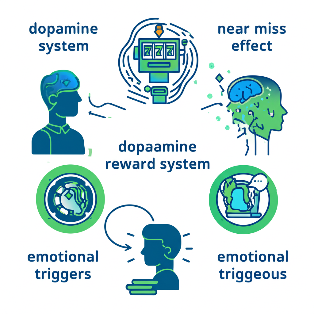 อินโฟกราฟิกแสดงกลไกทางสมองและจิตวิทยาการติดสล็อต เช่น ระบบโดปามีนและผลกระทบทางอารมณ์