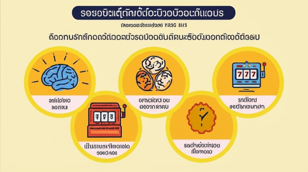 แผนภาพแสดงกลไกทางจิตวิทยาที่ทำให้เล่นสล็อตเกินงบ เช่น ความคิดบิดเบือนและการเสริมแรงแบบไม่แน่นอน