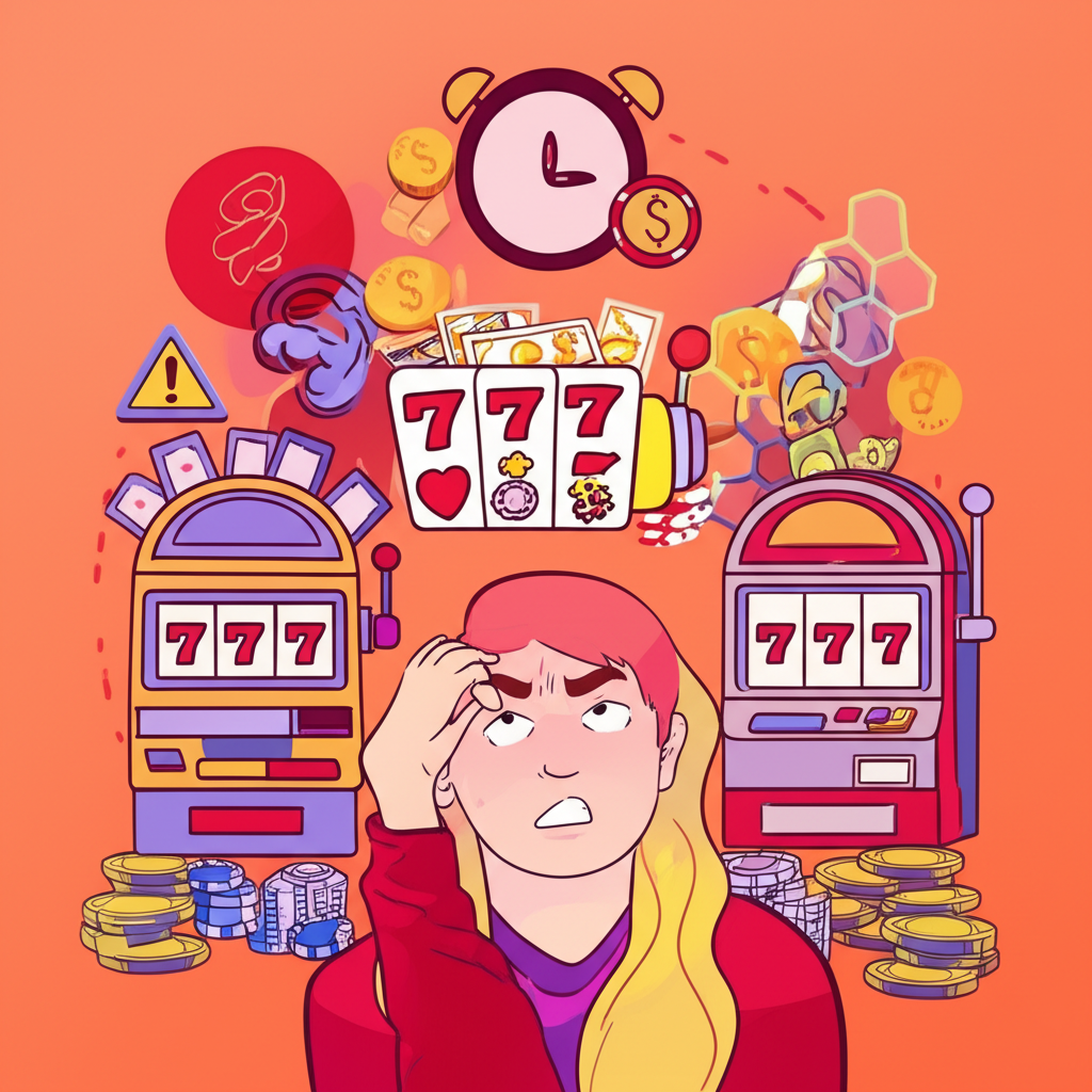 ภาพแสดงพฤติกรรมเสี่ยงและสัญญาณเตือนการติดพนันสล็อต เช่น ความเครียดและการสูญเสียการควบคุมตนเอง