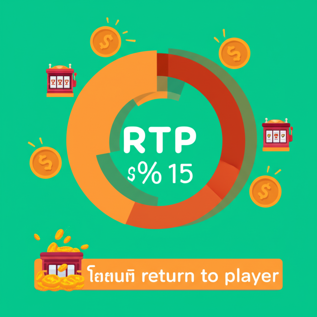 อินโฟกราฟิกอธิบายความหมายของ RTP ในเกมสล็อต พร้อมแผนภูมิวงกลมและไอคอนเกมสล็อต