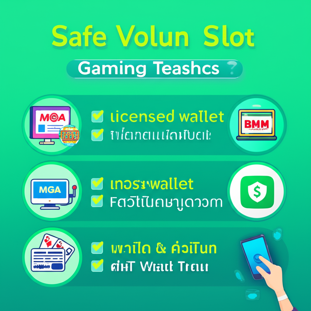 อินโฟกราฟิกแนะนำการเล่นสล็อตออนไลน์อย่างปลอดภัยและน่าเชื่อถือสำหรับวัยรุ่น พร้อมโลโก้ใบอนุญาตและระบบฝากถอนปลอดภัย
