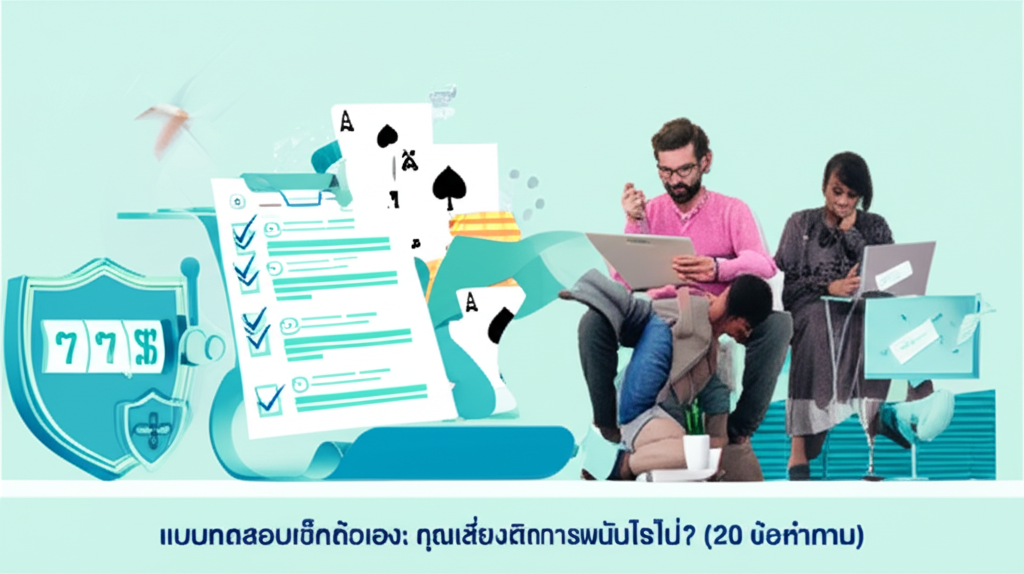 ภาพปกแบบทดสอบเช็คตัวเองเกี่ยวกับความเสี่ยงติดการพนัน พร้อมภาพผู้คนหลากหลายกำลังทำแบบทดสอบและไอคอนการจัดการเงินและการพนันอย่างรับผิดชอบ