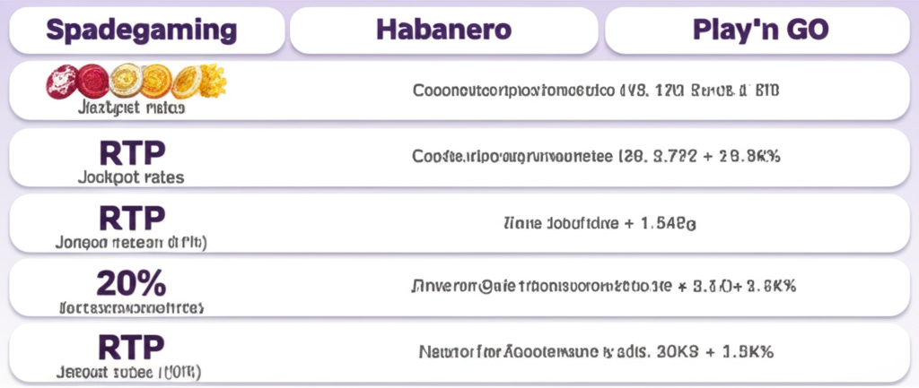 อินโฟกราฟิกเปรียบเทียบฟีเจอร์เกมสล็อตจากค่าย Spadegaming, Habanero และ Play'n GO