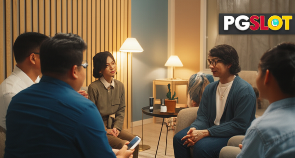 ภาพกลุ่มสนับสนุนและบำบัดผู้ติดสล็อตในบรรยากาศอบอุ่นและเป็นมิตร