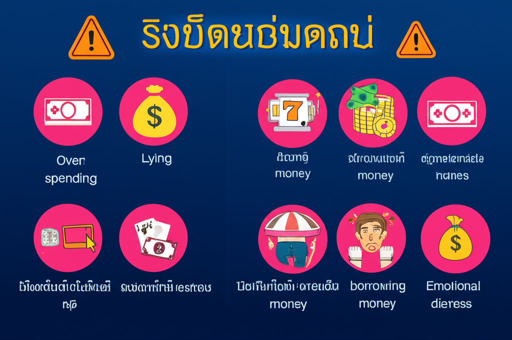 อินโฟกราฟิกแสดงสัญญาณเตือนและอาการของการติดสล็อต เช่น เล่นเกินงบ โกหก เครียด ยืมเงิน