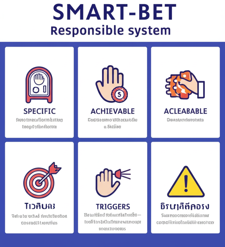 อินโฟกราฟิกอธิบายระบบ SMART-BET สำหรับการพนันอย่างรับผิดชอบ แสดงหลักการ 5 ข้อ พร้อมสัญลักษณ์และคำอธิบายภาษาไทย