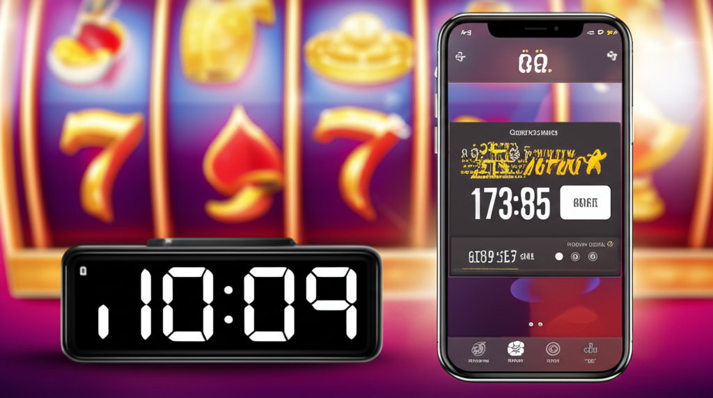 นาฬิกาดิจิทัลและแอปจับเวลาบนสมาร์ทโฟนพร้อมภาพพื้นหลังเกมสล็อตออนไลน์ แสดงถึงการจัดการเวลาเล่นอย่างมีประสิทธิภาพ