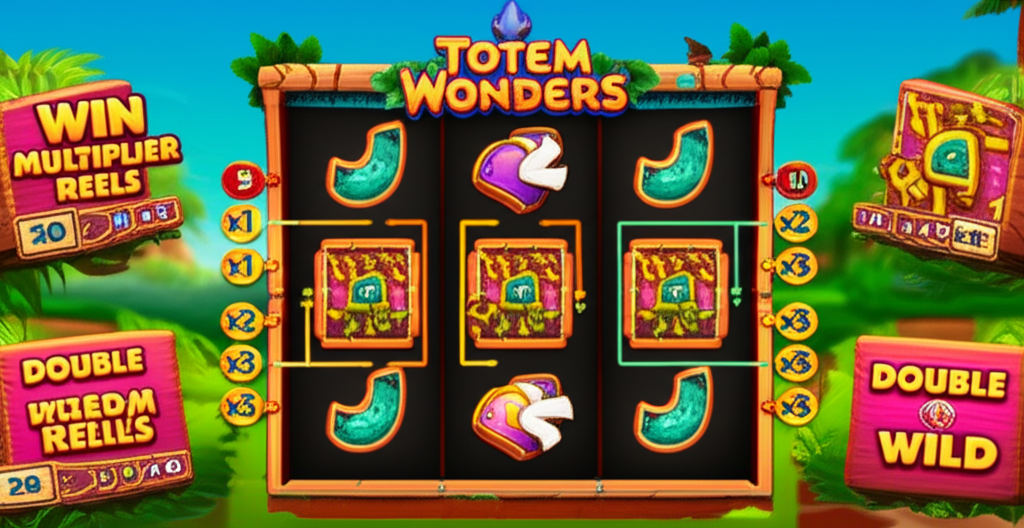 ภาพอินโฟกราฟิกแสดงรูปแบบเกมสล็อต Totem Wonders พร้อม 10 paylines และฟีเจอร์ Win Multiplier Reels และ Double Wild Feature สำหรับผู้เล่นมือใหม่