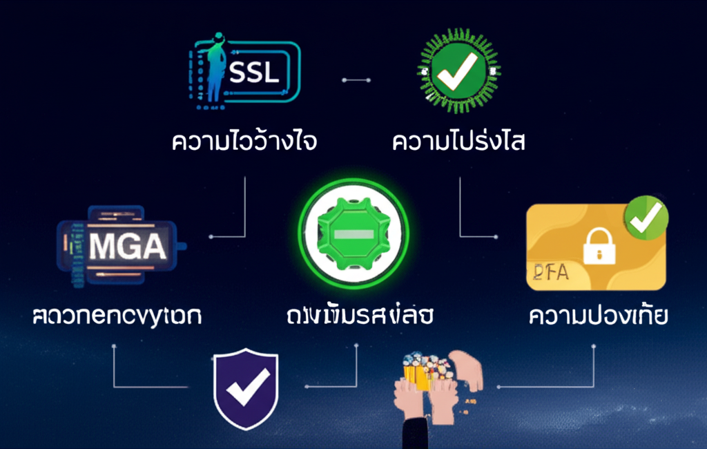 ภาพแสดงมาตรฐานความปลอดภัยของระบบทรูวอเลทและเว็บสล็อต พร้อมใบอนุญาตและการรับรองสากล