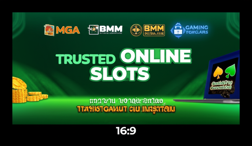 ภาพเว็บไซต์สล็อตออนไลน์ที่ได้รับการรับรองจากองค์กรการพนันระหว่างประเทศ พร้อมสัญลักษณ์ความปลอดภัยและใบอนุญาต