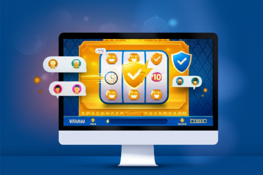 ภาพประกอบเว็บสล็อตที่น่าเชื่อถือและปลอดภัย พร้อมไอคอนความน่าเชื่อถือ ความรวดเร็ว และรีวิวผู้เล่น