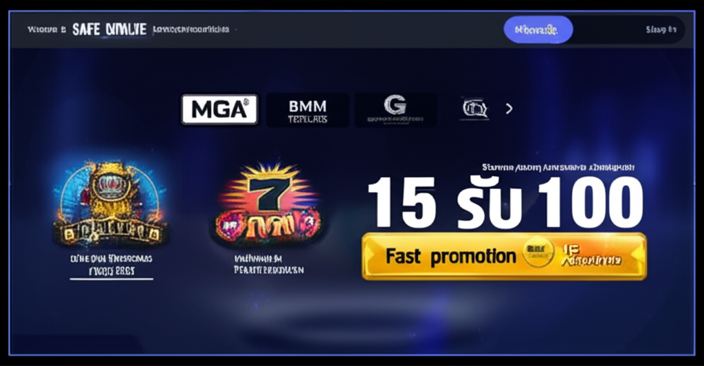 ภาพเว็บไซต์สล็อตออนไลน์ที่น่าเชื่อถือพร้อมตรารับรองจาก MGA, BMM Testlabs และ Gaming Associates รวมถึงโปรโมชั่นและระบบ Wallet ที่ปลอดภัย