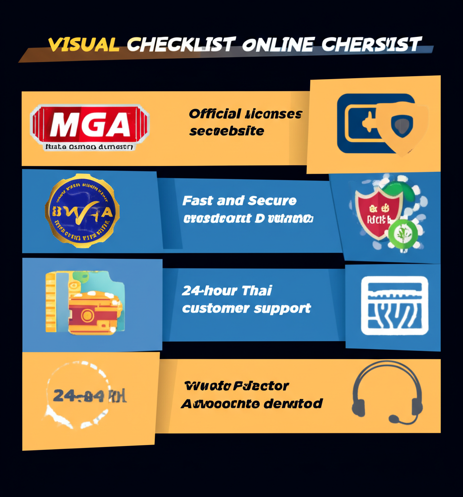 แผนภาพเช็คลิสต์การเลือกเว็บสล็อตที่น่าเชื่อถือและปลอดภัยสำหรับมือใหม่ พร้อมสัญลักษณ์ใบอนุญาตและระบบฝากถอนรวดเร็ว
