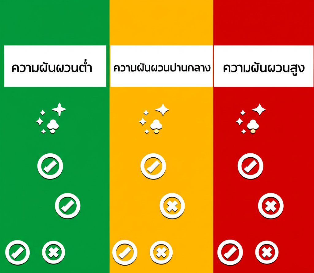 อินโฟกราฟิกแสดงระดับความผันผวนของเกมสล็อตแบบต่ำ กลาง และสูง พร้อมคำอธิบายความถี่และขนาดรางวัล