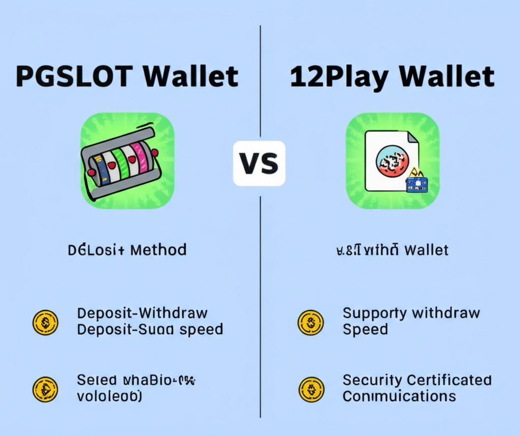 อินโฟกราฟิกเปรียบเทียบระบบ Wallet ระหว่าง PGSLOT กับ 12Play แสดงฟีเจอร์หลักและโปรโมชั่น