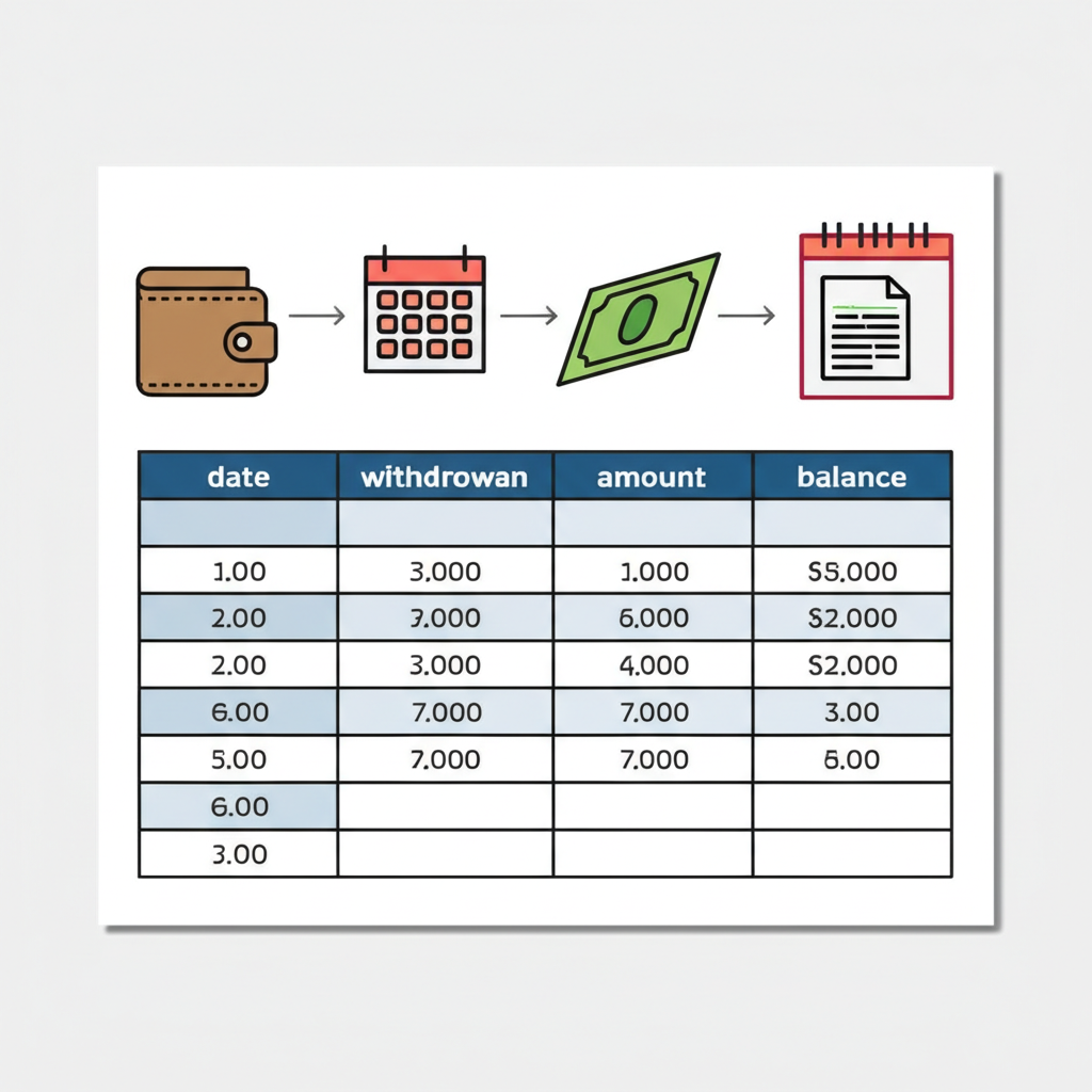 ตัวอย่างตารางบันทึกสถิติการถอนเงินอย่างง่าย พร้อมไอคอนกระเป๋าเงินและวันที่