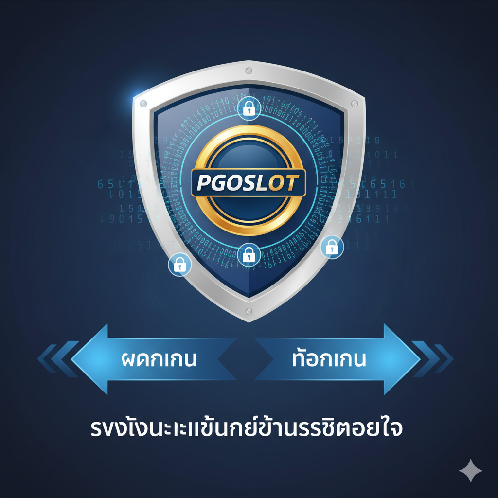 优势特点图，强调 pgoslot.com 的安全性和“ออโต้เดอร์” (Auto-deposit/withdraw) 系统。画面主体应是一个带着PGOSLOT标志的盾牌，盾牌周围环绕着象征安全和加密的数字代码และ锁定图标。ใน盾牌下方，两个闪电般箭头分别指向**“ฝากเงิน” (Deposit)** และ “ถอนเงิน” (Withdraw)，强调**“รวดเร็วและแม่นยำด้วยระบบออโต้” (Fast and Accurate Auto System)**。风格应是高科技、可靠的蓝色和银色调，突出平台的服务稳定และ技术优势，与“ประตูรถพัง”形成强烈对比。
