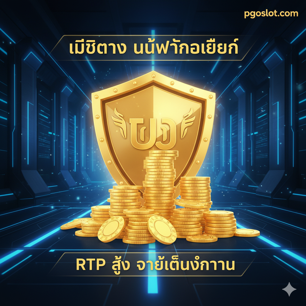 ภาพแสดงข้อได้เปรียบ 'เว็บตรง ไม่ผ่านเอเย่นต์' โดยมีโล่ป้องกันอันแข็งแกร่งและตราประทับสีทองขนาดใหญ่เป็นสัญลักษณ์ของความมั่นคงและไว้วางใจ พร้อมกองเหรียญที่แสดงถึงอัตราการจ่ายที่สูง