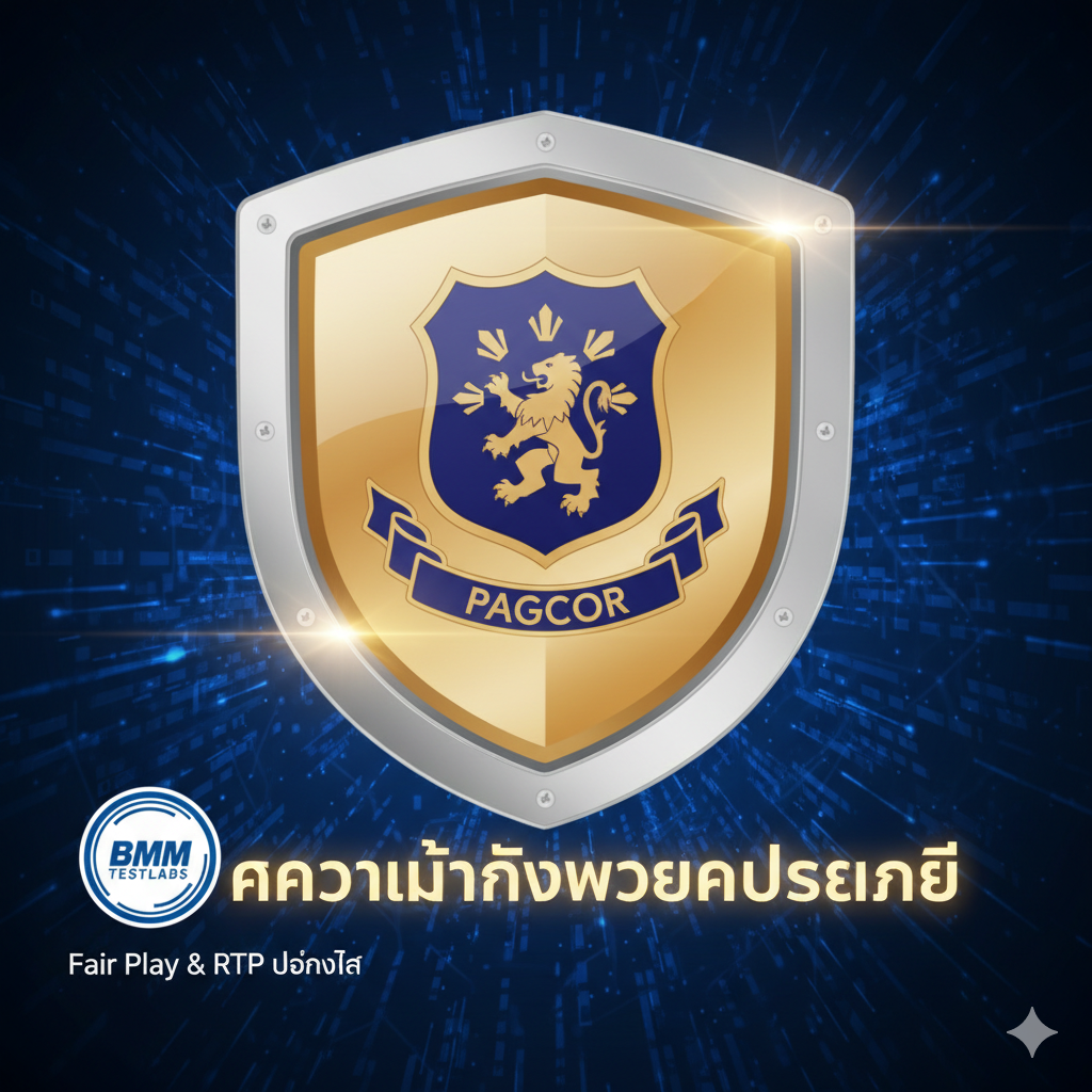 優勢圖片，強調網站的安全性和公平性。圖片應採用嚴肅、信任的風格。核心元素是PAGCOR（Philippine Amusement and Gaming Corporation）的官方或象徵性標誌，與一個盾牌圖標結合，象徵“ความมั่นใจและความปลอดภัย (Trust and Security)”。背景可以是一個帶有科技感的藍色矩陣，象徵數據保護。同時展示一個小的BMM Testlabs認證標誌，以表示“Fair Play”和RTP的透明度。畫面應該傳達出專業、合規和值得信賴的形象，使用藍色、白色和少量的金色。