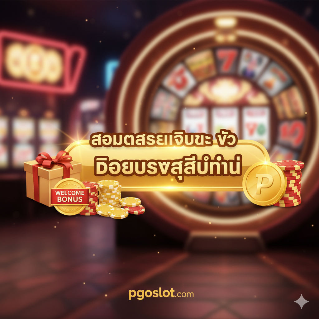 總結圖片，旨在鼓勵用戶立即採取行動。構圖應是一個強烈的“Call to Action”橫幅。背景是模糊的賭場或老虎機光影，前景突出一個巨大的金色按鈕或連結，上寫泰文的“สมัครสมาชิกและรับโบนัสพิเศษทันที (Sign Up and Get Special Bonus Now)”。旁邊放置一個“Welcome Bonus”的禮包或籌碼堆，以及一個小的pgoslot.com Logo。圖片應具有緊迫感和吸引力，使用暖色調如金色和紅色，引導用戶點擊進入網站，總結文章的“โอกาสทอง (Golden Opportunity)”主題。