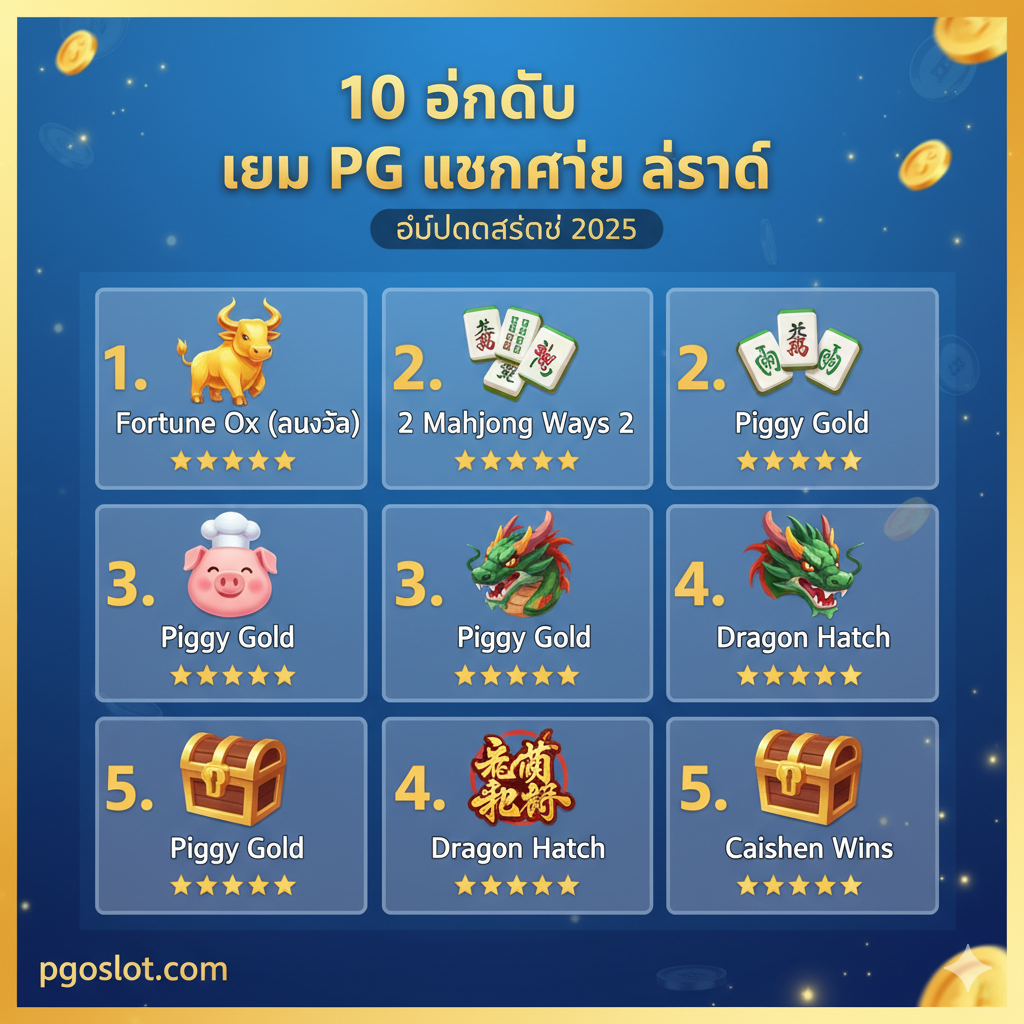 ภาพนี้ใช้สำหรับแสดง “10 อันดับเกม PG ที่แตกง่ายที่สุด” ออกแบบในสไตล์อินโฟกราฟิกสมัยใหม่ในรูปแบบคอลลาจหรือรายการ โดยแสดงไอคอนเกมที่ติดอันดับต้นๆ เช่น “Fortune Ox (ลุงวัว)” และ “Mahjong Ways 2” พร้อมชื่อเกมภาษาไทยและเรตติ้งห้าดาว โทนสีของภาพโดยรวมสว่างและดูเป็นมืออาชีพ พร้อมมีข้อความภาษาไทยเน้นว่า “อัปเดตล่าสุด 2025” (อัปเดตล่าสุดปี 2025) เพื่อดึงดูดผู้เล่นให้มาดูอันดับ