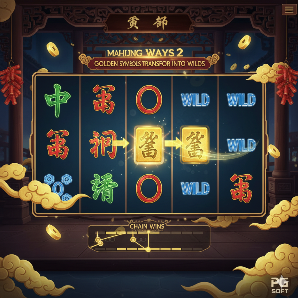 展示《Mahjong Ways 2》核心'金色符号转为Wild'的图片。画面中央是一个5x4的旋转槽（Reel）截图，焦点应在其中一个或两个金色麻将符号上，并用动态的箭头或光束指示它们即将或已经转换为'Wild'符号。背景是游戏内的精致古典画风，色彩明亮且细节丰富。右下角可以放一个小小的PG Soft的Logo。整体色调以金黄和深蓝为主，突出游戏机制的先进性和高爆率，视觉上要清晰展示'Chain Wins'（连赢）的潜力。