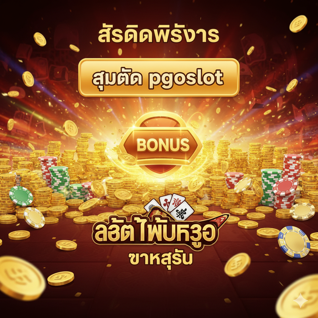 总结和行动呼吁图。画面应充满吸引力，展示堆积如山的金币、筹码和巨大的奖金符号，上方突出'สมัคร pgoslot'（立即注册pgoslot）的行动呼吁按钮。核心元素是'สล็อตไพ่นกกระจอก'（Slot Mahjong）的Logo和'แตกง่าย'（易爆奖）的字样。背景可以是一个庆祝胜利的场景，有动态的灯光和闪烁的特效，营造出即时加入即可获得巨额回报的紧迫感和兴奋感。整体色调为喜庆的金黄和红色，强调文章的最终目的：吸引用户注册。