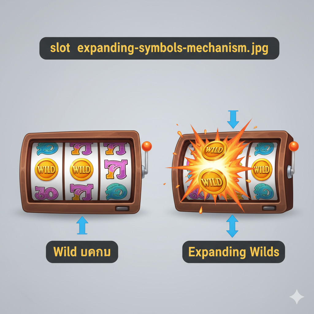 功能展示图，用于解释“Expanding Wilds”的机制。画面设计成一个三格（3-Reel）的老虎机视图，采用清晰的示意图风格。左侧的卷轴上显示一个普通的Wild符号（例如一个金币），右侧的卷轴则显示该Wild符号已经爆炸性地向上下扩展，完全覆盖了整个卷轴，并有箭头指示其扩展的过程。背景应是中性色调，让符号和扩展过程成为焦点。符号应具有PG Soft游戏的高清、卡通化或奇幻风格。泰文文字可以简短标注“Wild ปกติ” (Normal Wild) 和 “Expanding Wilds” (สัญลักษณ์ขยาย)。