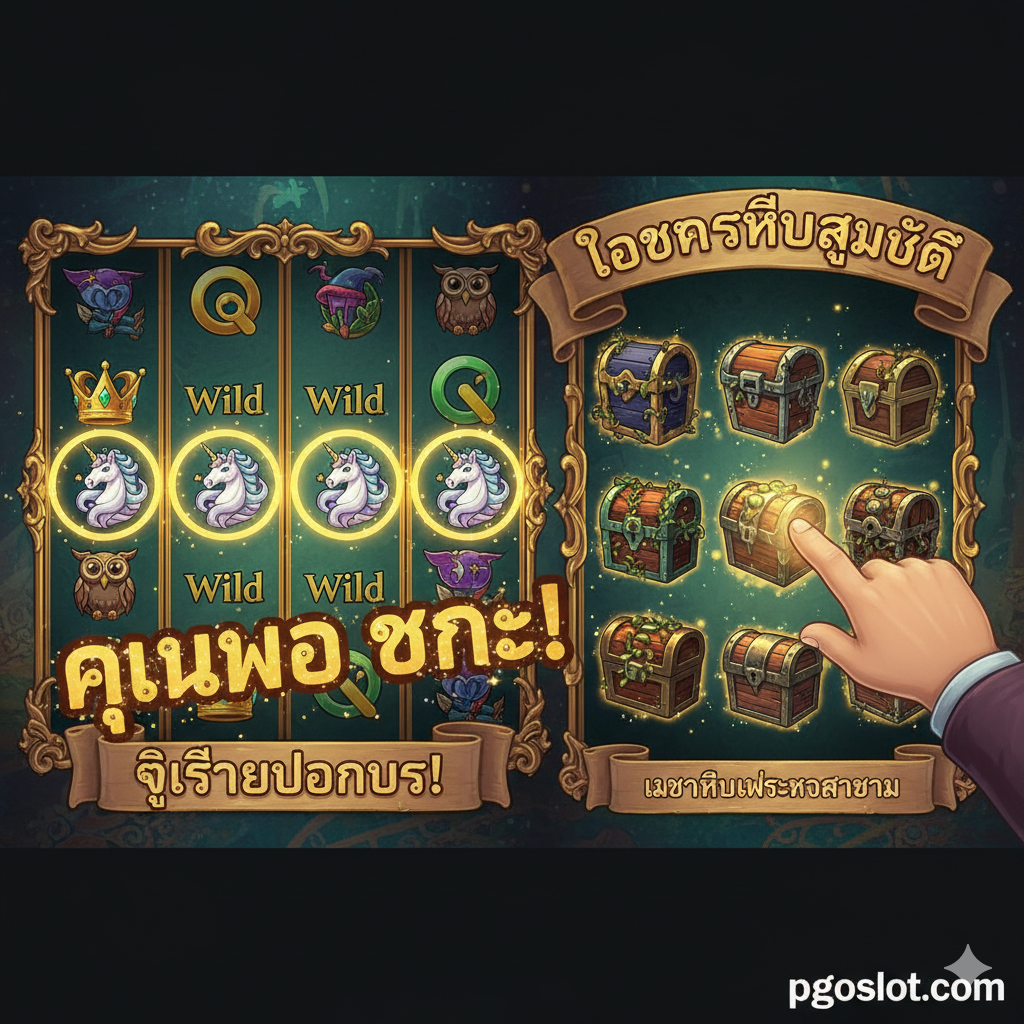 一张功能展示图，重点突出 "Treasure Chest Bonus" 和 "Wild Multiplier"。图片可以采用分屏或动态布局。左侧展示5x3的游戏转轴，并用高光圈出第2、3、4轴上的 "Wild (独角兽)" 符号，旁边有 "x2 WIN!" 的醒目文字。右侧展示宝箱奖励关卡：一个充满神秘宝箱的界面，一个手指正准备点击其中一个。整体色调明亮，充满期待感，使用游戏的复古奇幻美术风格。