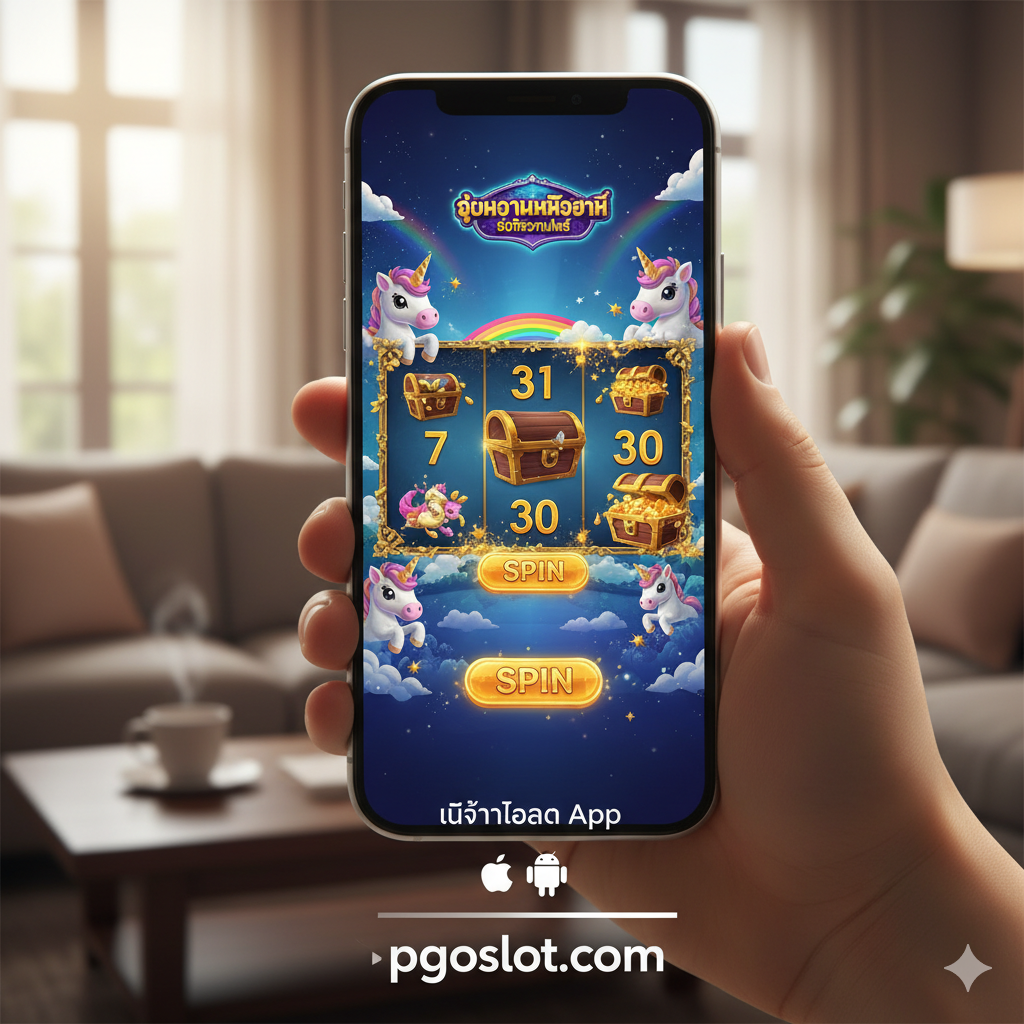 一张展示在 pgoslot.com 玩游戏优势的图片。图片主体是一部现代智能手机，屏幕上清晰显示着 Enchanted Unicorn 的游戏界面。手机背景是舒适的现代生活场景（如咖啡馆或客厅）的模糊效果。手机旁边มี "iOS" 和 "Android" 的小图标，以及一个 "无需下载App"（ไม่ต้องโหลด App）的泰语标语。pgoslot.com 的网址清晰可见，风格现代、便捷、可信赖。
