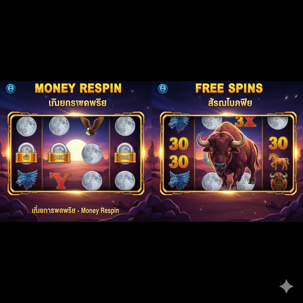 一张动态的组合图像，展示游戏的关键奖励功能。图片一半展示'Money Respin'（金钱重转）功能，多个满月符号锁定在转轴上，一些月亮显示'Mini'或'Major'字样，突显大奖潜力。另一半突出显示'Free Spins'（免费旋转）功能，展示巨大的3x3'Giant Symbol'（巨型符号，例如野牛）占据中间三个转轴。视觉风格充满活力，使用游戏界面中的金色、紫色和蓝色，传达奖金回合的兴奋感。