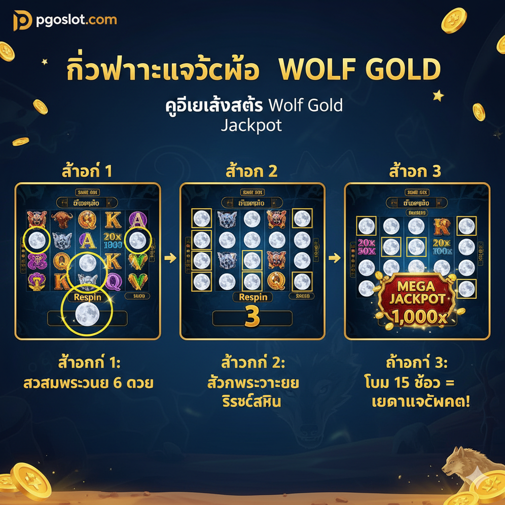 一张清晰的教程风格信息图，视觉化地解释了如何触发并赢得'Money Respin'大奖。图像分为三个步骤：'步骤1：收集6个月亮'（高亮显示6个满月符号）；'步骤2：锁定月亮并重置旋转'（显示月亮填满格子，旋转次数重置为3）；'步骤3：填满15格 = Mega Jackpot！'（显示满屏的月亮和1,000倍奖金）。使用简洁的图标、清晰的箭头和明亮的色彩，突出显示'Mega Jackpot 1,000x'文字。