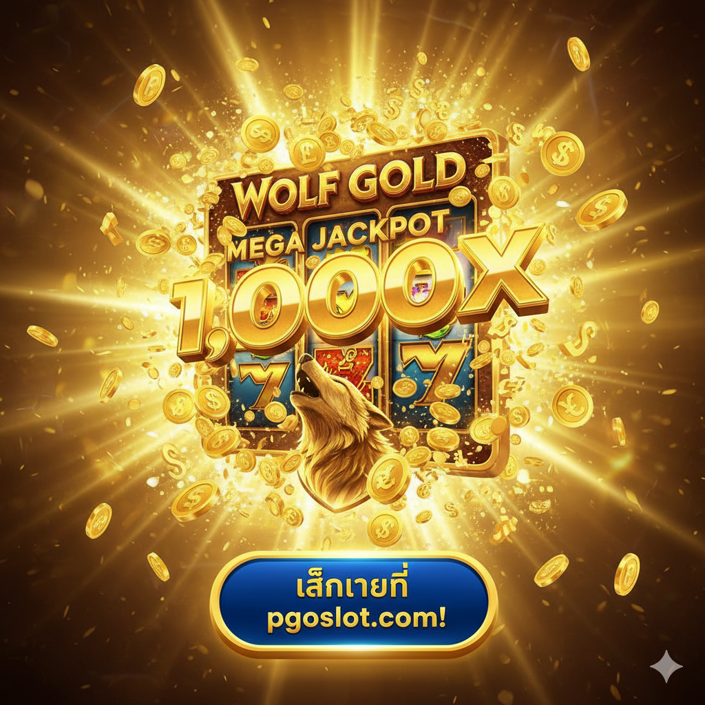 一张充满庆祝和高潮氛围的总结图片。它展示了Wolf Gold游戏中赢得'Mega Jackpot'的胜利画面，金币爆炸，1,000倍的奖金清晰可见。狼的形象也出现在画面中，显得非常胜利。一个醒目的泰语行动号召（CTA）按钮，上面写着'เล่นเลยที่ pgoslot.com!'（立即在pgoslot.com开玩！）。整体氛围营造出兴奋、成就感和高额回报的感觉，使用灿烂的金色和庆祝性的灯光效果。