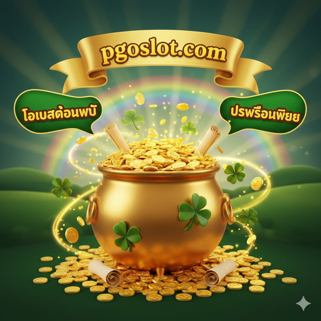 A promotional image highlighting the bonuses at pgoslot.com for playing "St. Patrick's Gold Slot". The central element is a large, open treasure chest (or pot of gold) overflowing with gold coins, four-leaf clovers, and glowing bonus vouchers. Text elements like "Welcome Bonus" and "Special Promotions" float around the chest in an engaging, festive font. The "pgoslot.com" logo is prominently displayed on the chest or on a banner above it. The color palette is rich with gold and green, creating a feeling of wealth and opportunity.