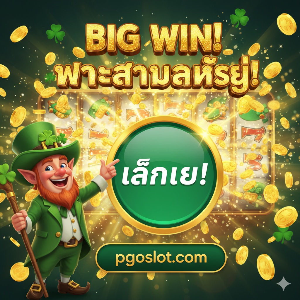 A strong call-to-action (CTA) summary image. On one side, the cheerful Leprechaun character from "St. Patrick's Gold Slot" is shown pointing enthusiastically. He is pointing towards a large, glowing, green button with Thai text "เล่นเลย!" (Play Now!). The "pgoslot.com" logo is placed neatly below the button. The background is a dynamic scene of a "BIG WIN" screen from the slot, with gold coins exploding outwards. The image is designed to create excitement and encourage the user to click and play the game.