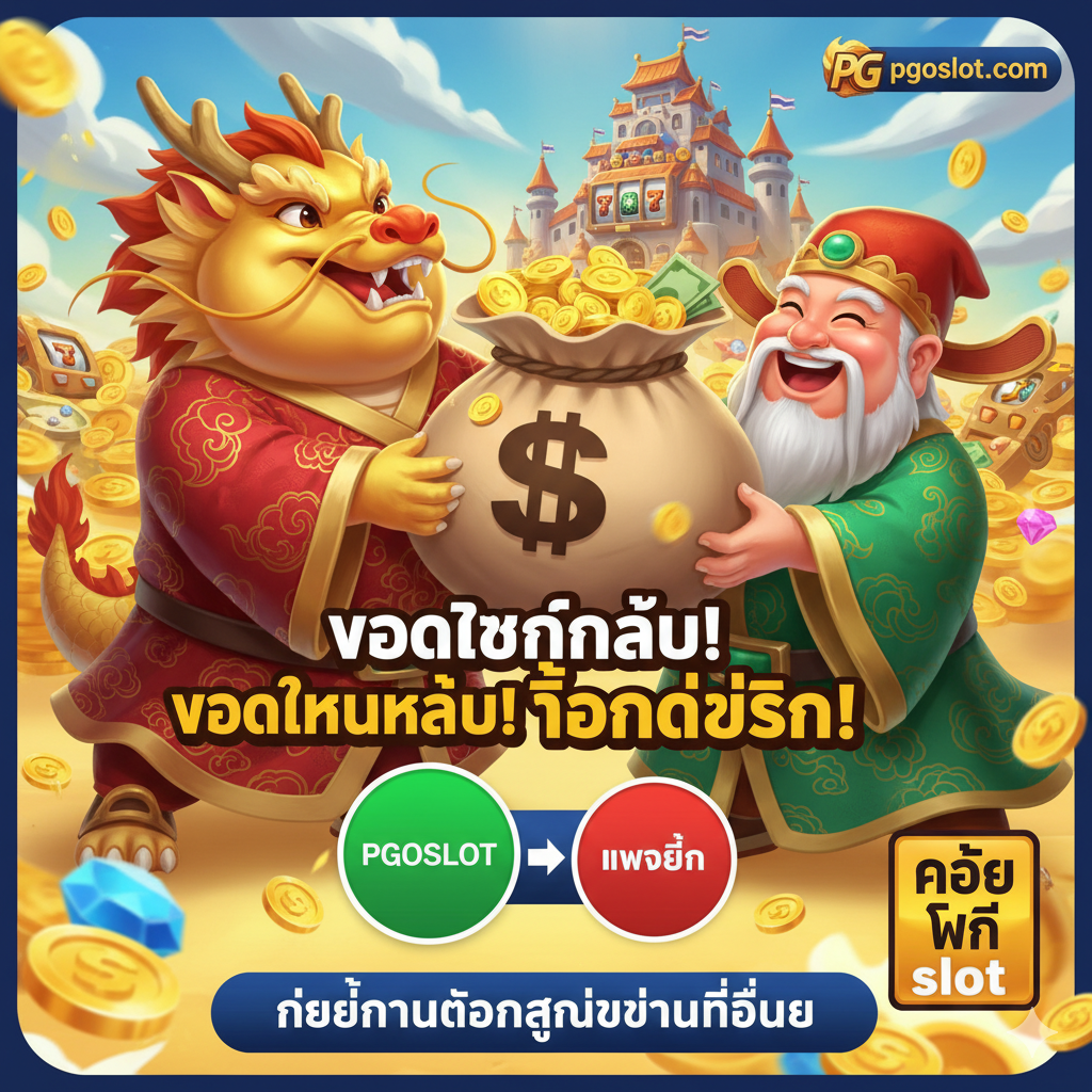 ภาพแสดงความได้เปรียบของ PGOSLOT: 'เงื่อนไขถอนง่ายกว่าที่อื่น' โดยมีภาพตัวละครการ์ตูนสไตล์ PG Slot (เช่น ตัวละครเทพเจ้า หรือมังกร) กำลังถือกระเป๋าเงินใบใหญ่ที่เต็มไปด้วยเหรียญทอง มีข้อความตัวหนาว่า 'ยอดเทิร์นน้อย! ถอนได้จริง!' พร้อมวงกลมกราฟิกเปรียบเทียบขนาดเล็กๆ ระหว่าง 'PGOSLOT' (วงกลมใหญ่สีเขียว) กับ 'เว็บอื่น' (วงกลมเล็กสีแดง) เพื่อเน้นย้ำว่าเรามีเงื่อนไขที่ยืดหยุ่นกว่า