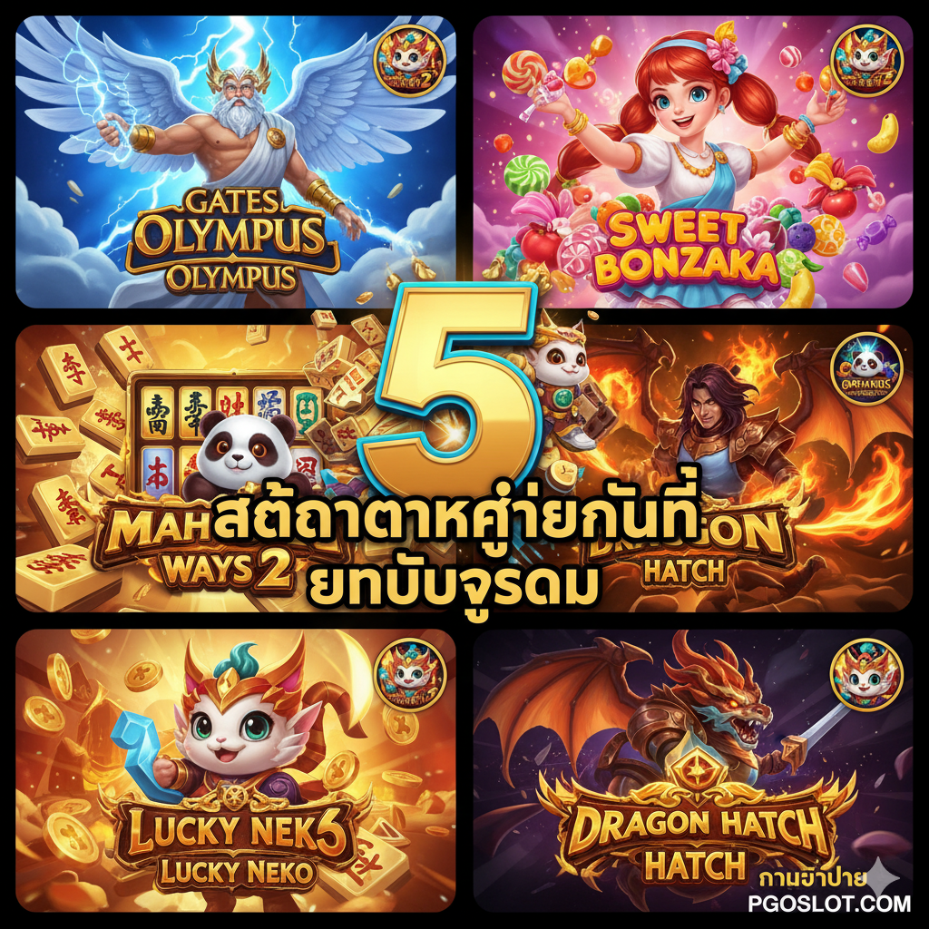 功能圖片聚焦文章中的“5 อันดับ Slot Gacor Malam Ini”列表。圖片應該以拼貼（Collage）或分格（Grid）形式展示五個熱門遊戲（如Gates of Olympus、Mahjong Ways 2、Sweet Bonanza）的關鍵視覺元素。中央應有明顯的數字“5”和“Slot Gacor Malam Ini”，使用遊戲中的標誌性角色（如宙斯、甜心角色）作為背景或小圖。整體風格明快，色彩對比強烈，下方或側邊需有PGOSLOT.COM的微小標誌，強調這些遊戲是PGOSLOT推薦的特色功能。
