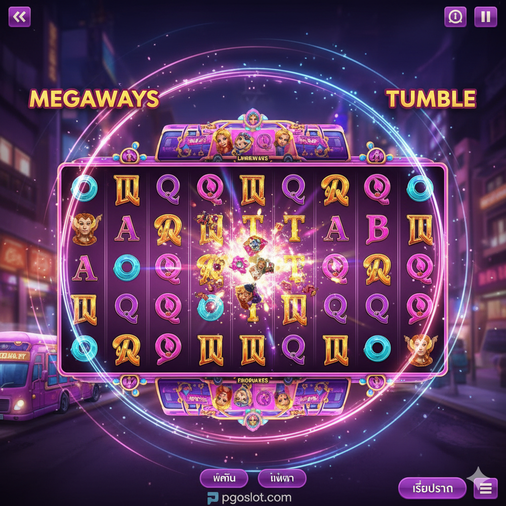ภาพเน้นคุณสมบัติเด่นของเกม โดยเฉพาะกลไก Megaways และ Tumble (การจ่ายแบบเรียงซ้อน) องค์ประกอบหลักคือวงล้อสล็อตขนาดใหญ่ที่แสดงแถวและสัญลักษณ์ที่แตกต่างกันในแต่ละรีล (สูงสุด 117,649 วิธี) ให้เห็นสัญลักษณ์ที่ชนะรางวัลกำลังระเบิดหรือหายไป (Tumble) และสัญลักษณ์ใหม่กำลังตกลงมาแทนที่ ใช้สีสันสดใสและเส้นเคลื่อนไหวเพื่อสื่อถึงการเปลี่ยนแปลงอย่างรวดเร็วและความตื่นเต้นของกลไก Megaways มีข้อความ 'Megaways' และ 'Tumble' ปรากฏอยู่ใกล้ๆ เพื่อเน้นฟีเจอร์