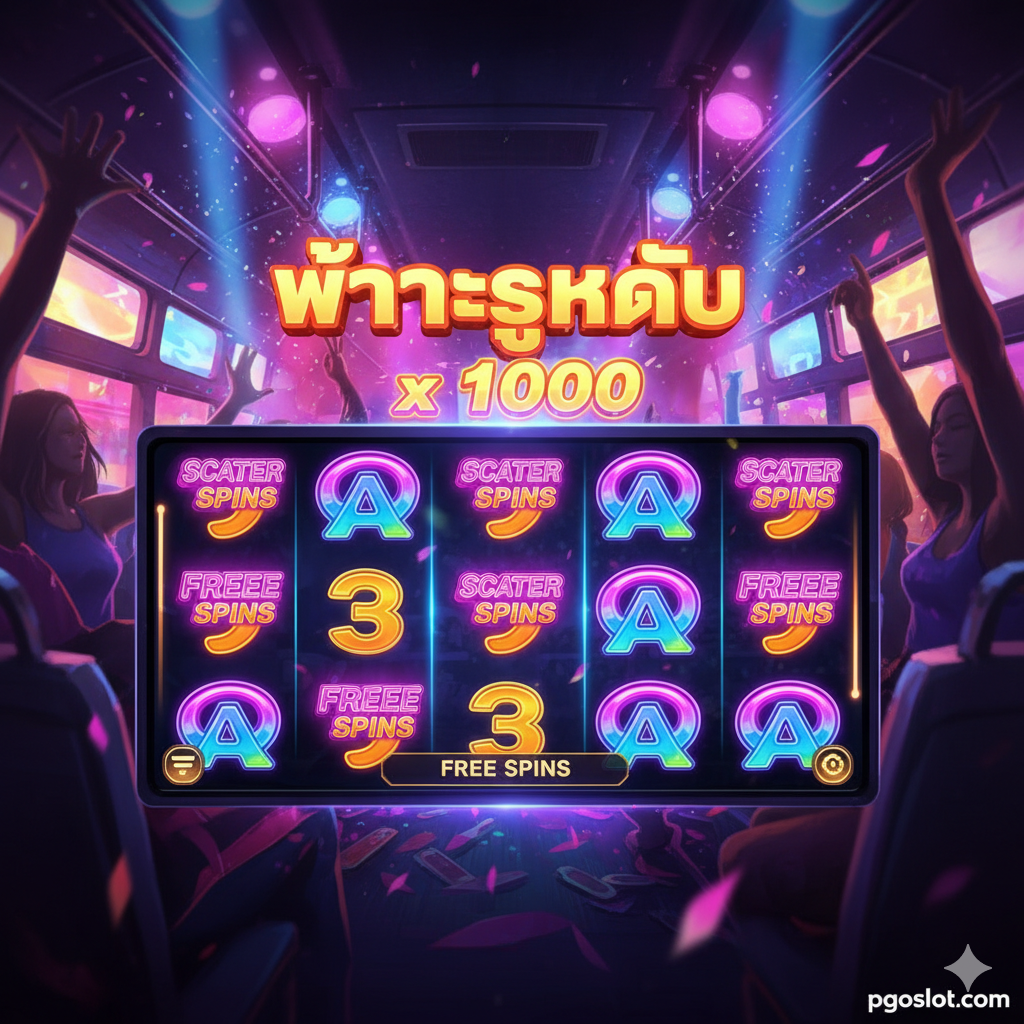 ภาพแสดงชัยชนะครั้งใหญ่ (Max Win) หรือรอบ Free Spins ที่มีตัวคูณรางวัลสูงมาก องค์ประกอบหลักคือหน้าจอแสดงผลการชนะรางวัลที่น่าประทับใจ เช่น มีตัวเลข 'Max Win' หรือ '10,000x' สว่างวาบอยู่ด้านบน มีสัญลักษณ์ Scatter หรือ Free Spins กระจายอยู่เต็มวงล้อพร้อมแสงไฟนีออนส่องสว่างเรืองรอง ฉากหลังเป็นบรรยากาศปาร์ตี้สุดเหวี่ยงบนรถบัสที่เต็มไปด้วยแสง สี และความตื่นเต้น ให้ภาพมีพลังและสื่อถึงโอกาสที่เกมจะ 'แตกง่าย' ในโหมด Free Spins